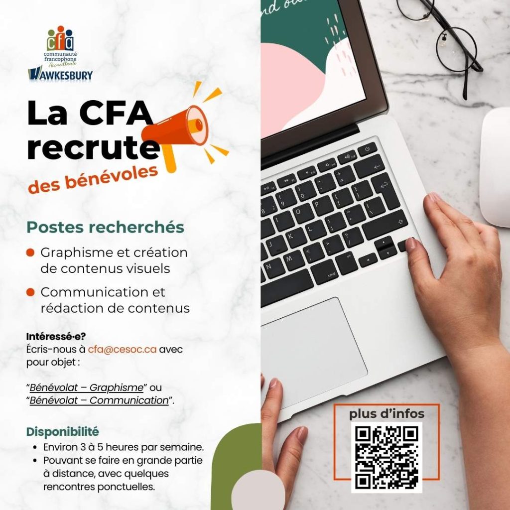 Affiche de recrutement de bénévoles de la CFA de Hawkesbury pour le graphisme et la communication